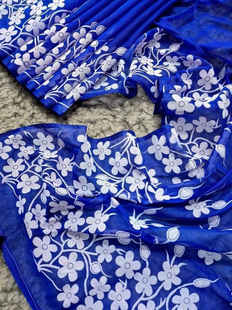 Elegant Tangail Handloom 100% Cotton Saree Blue flower– All-Season Wear